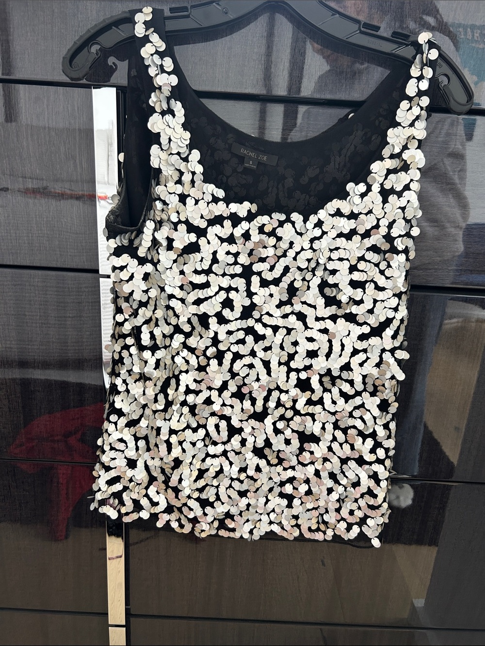 Rachel Zoe Black Tank Top with White Iridescent Sequins